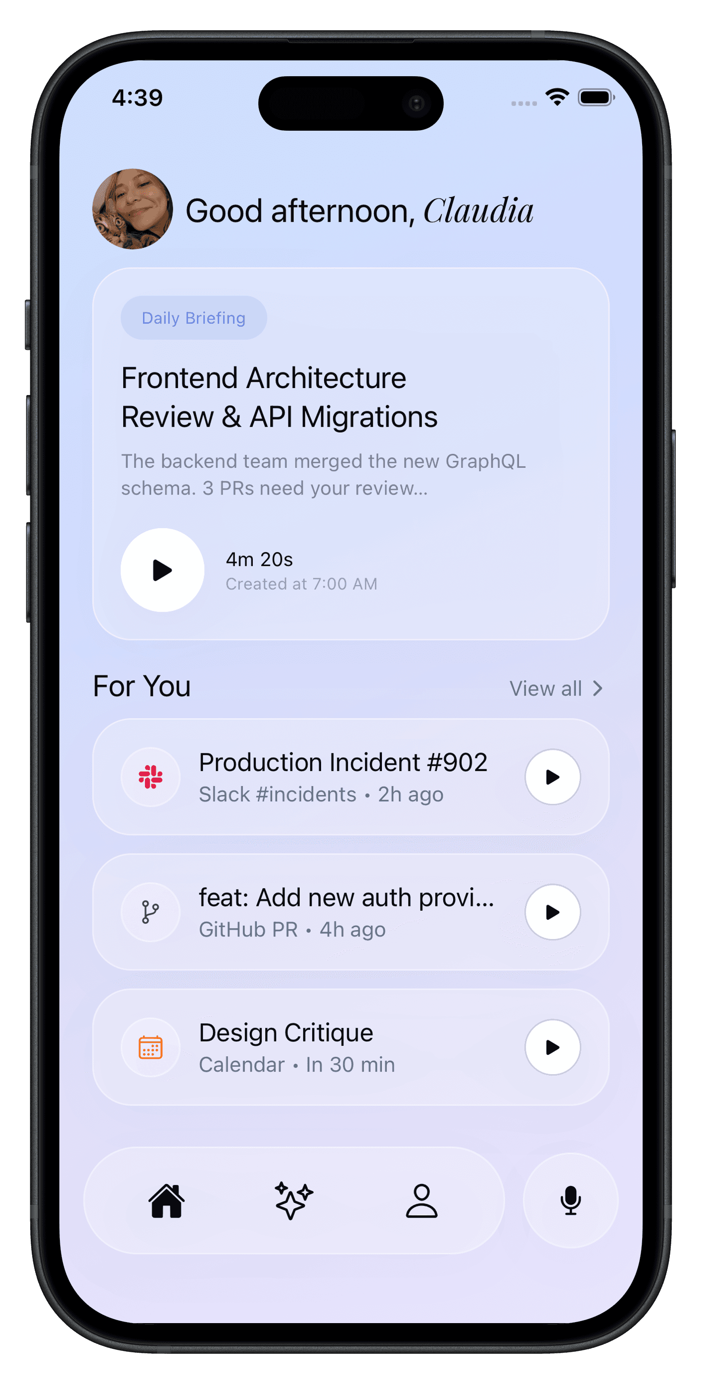 Okiba home screen showing a daily briefing